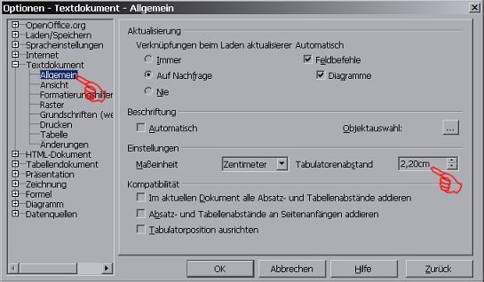 Optionen Tabulator Standardabstand