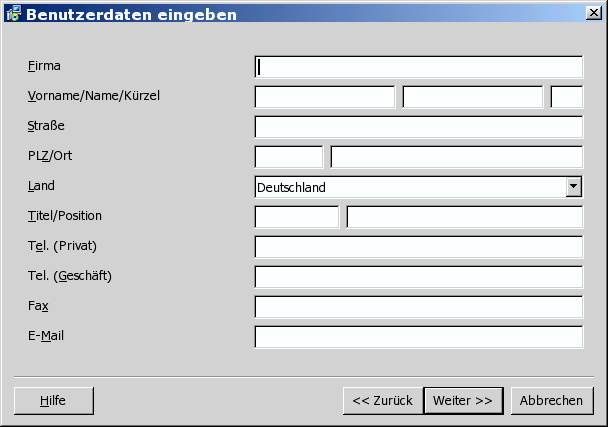 Dialog Persönliche Daten